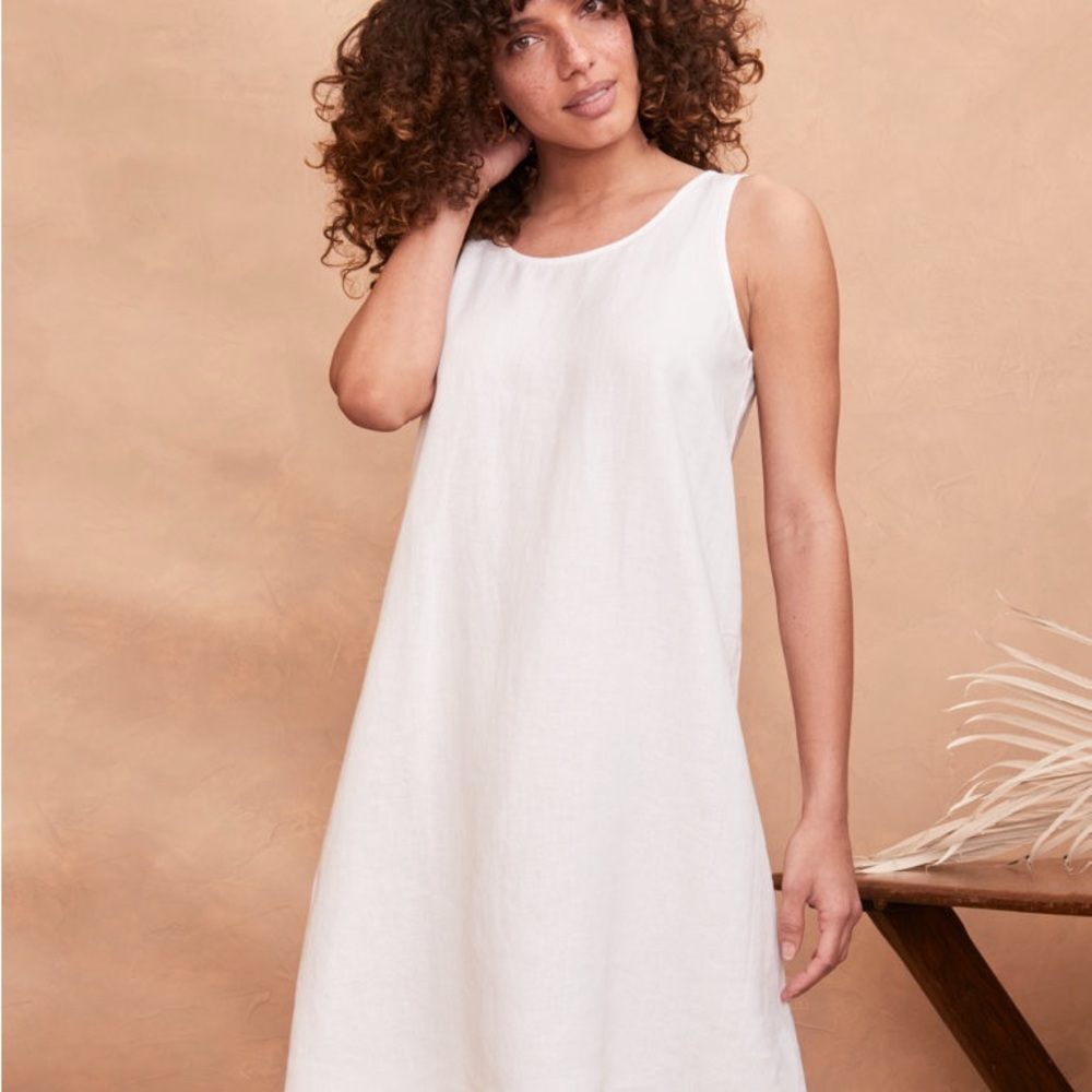 Eileen Fisher Scoop Neck White Linen Midi Dress Like New XS